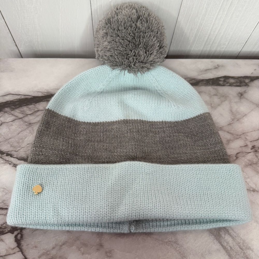 Kate Spade New York Striped Knit Beanie Hat Light Blue Gray Wool Blend Pom Pom
